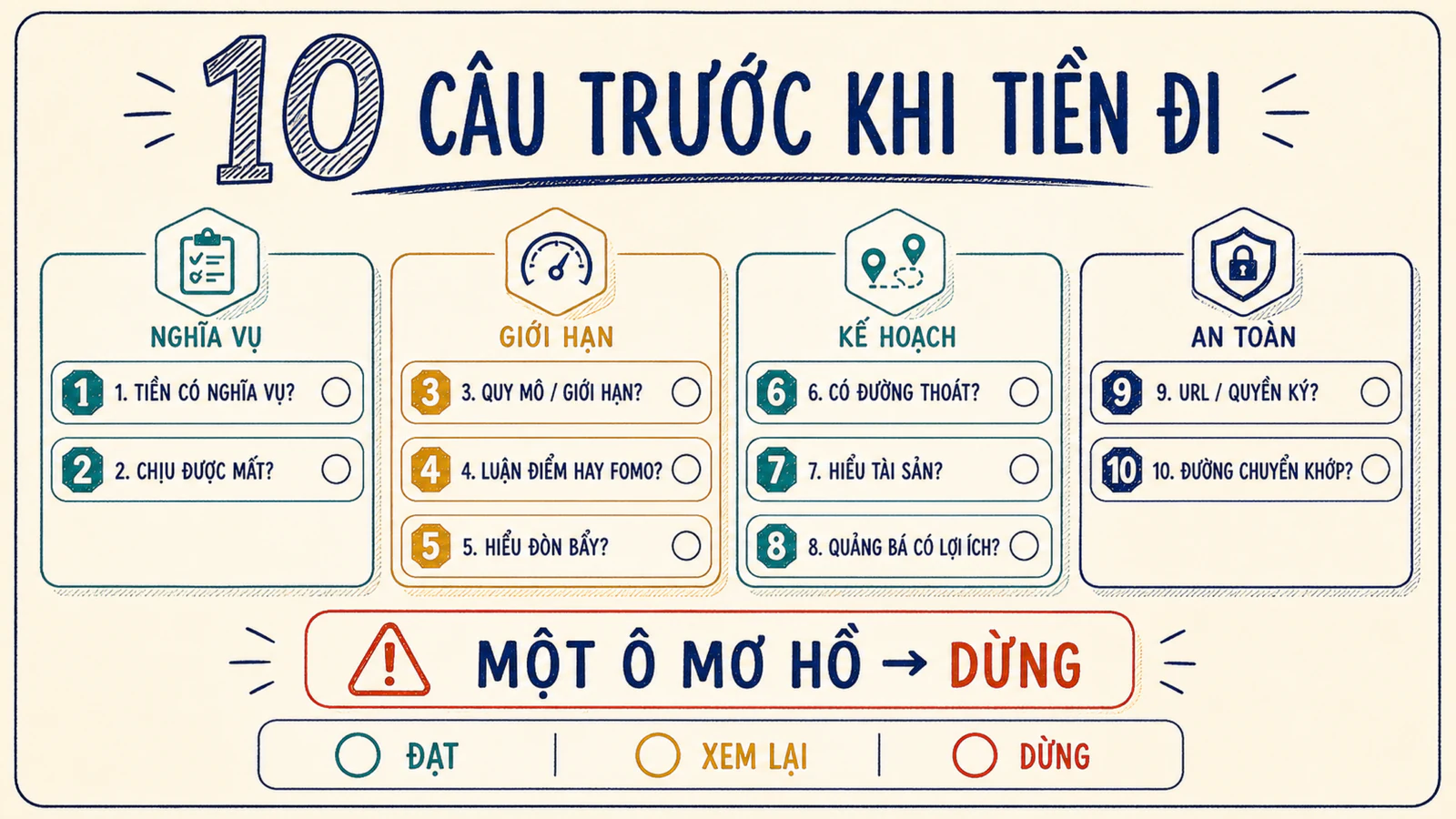 Checklist 10 câu với tín hiệu đạt, cần xem lại và dừng