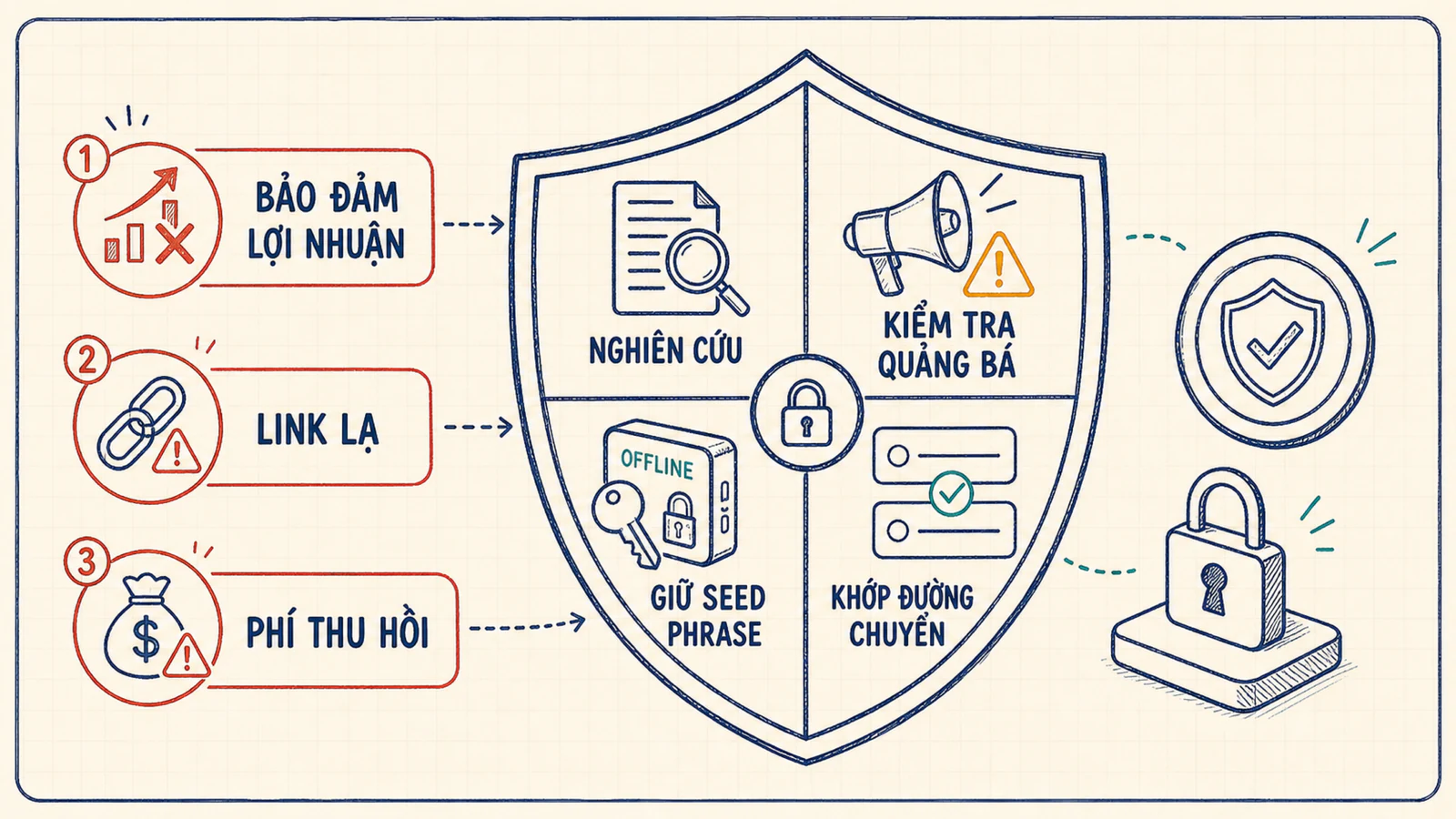 Tấm chắn bốn lớp gồm nghiên cứu, kiểm tra quảng bá, bảo vệ seed phrase và chuyển đúng network