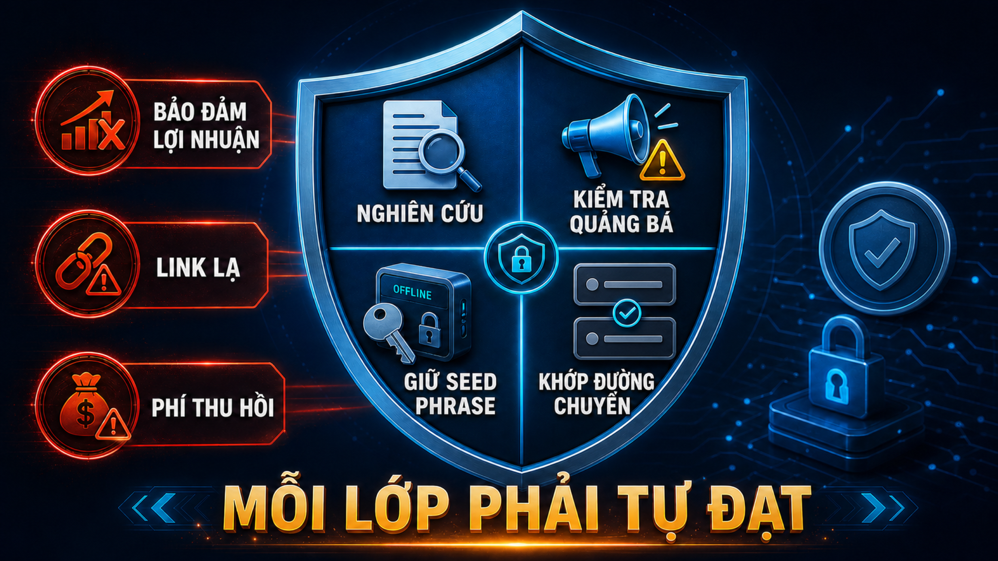 Tấm chắn bốn lớp gồm nghiên cứu, kiểm tra quảng bá, bảo vệ seed phrase và chuyển đúng network