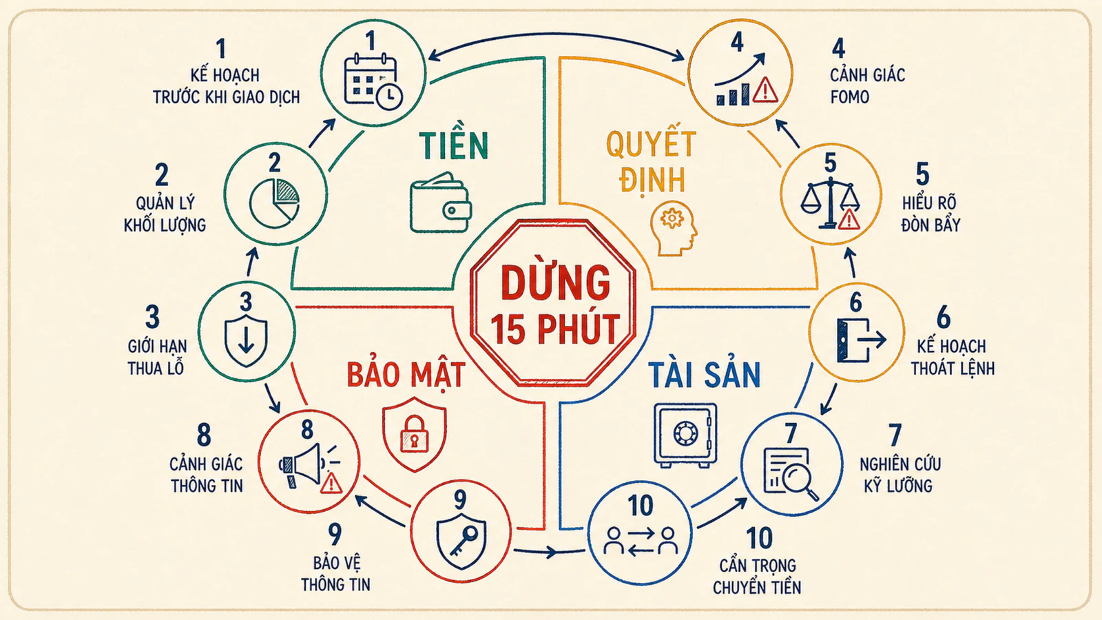 Bản đồ 10 sai lầm crypto theo bốn nhóm tiền, quyết định, tài sản và bảo mật