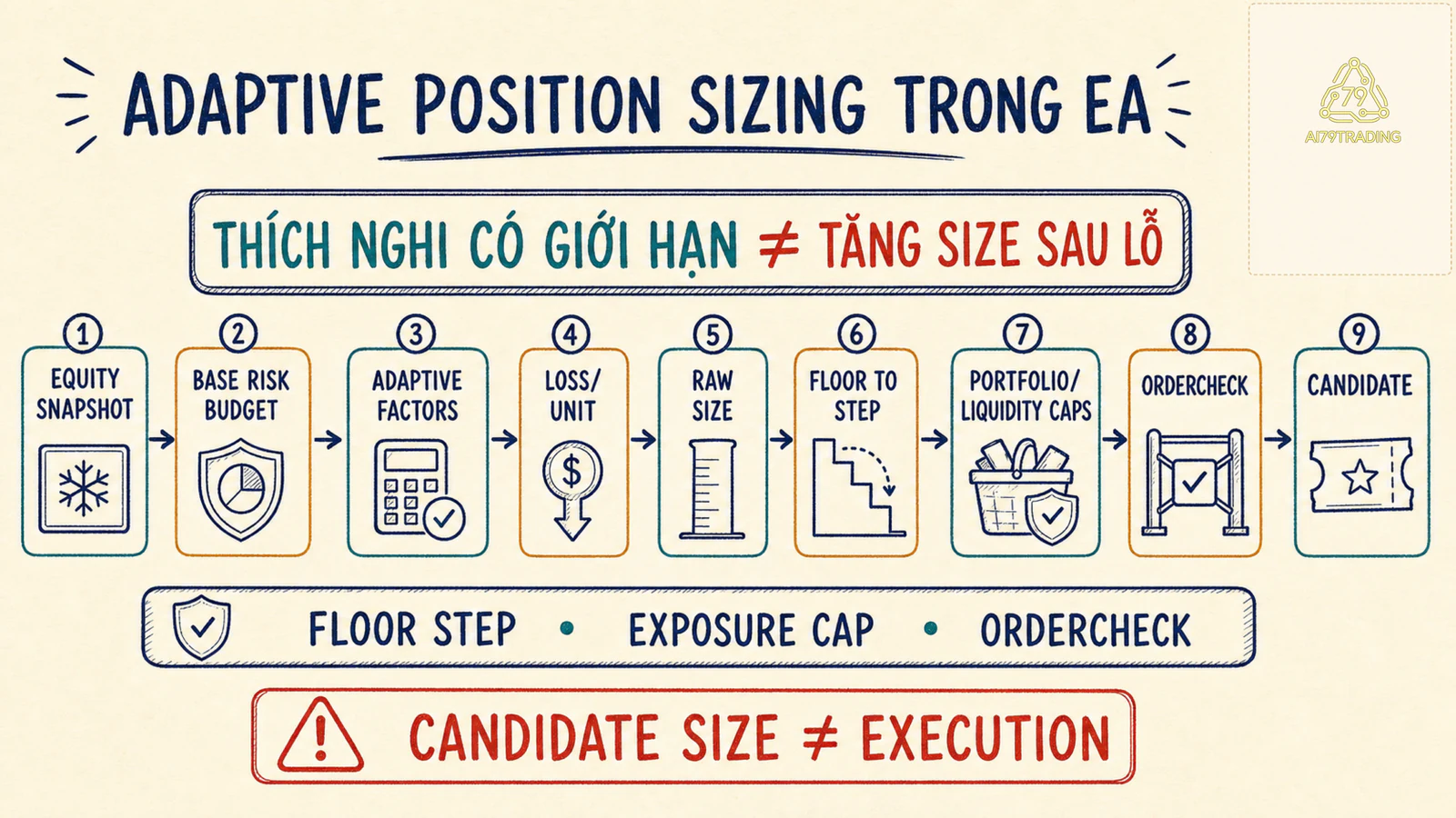 Sơ đồ Adaptive Position Sizing từ equity snapshot qua các giới hạn đến khối lượng ứng viên