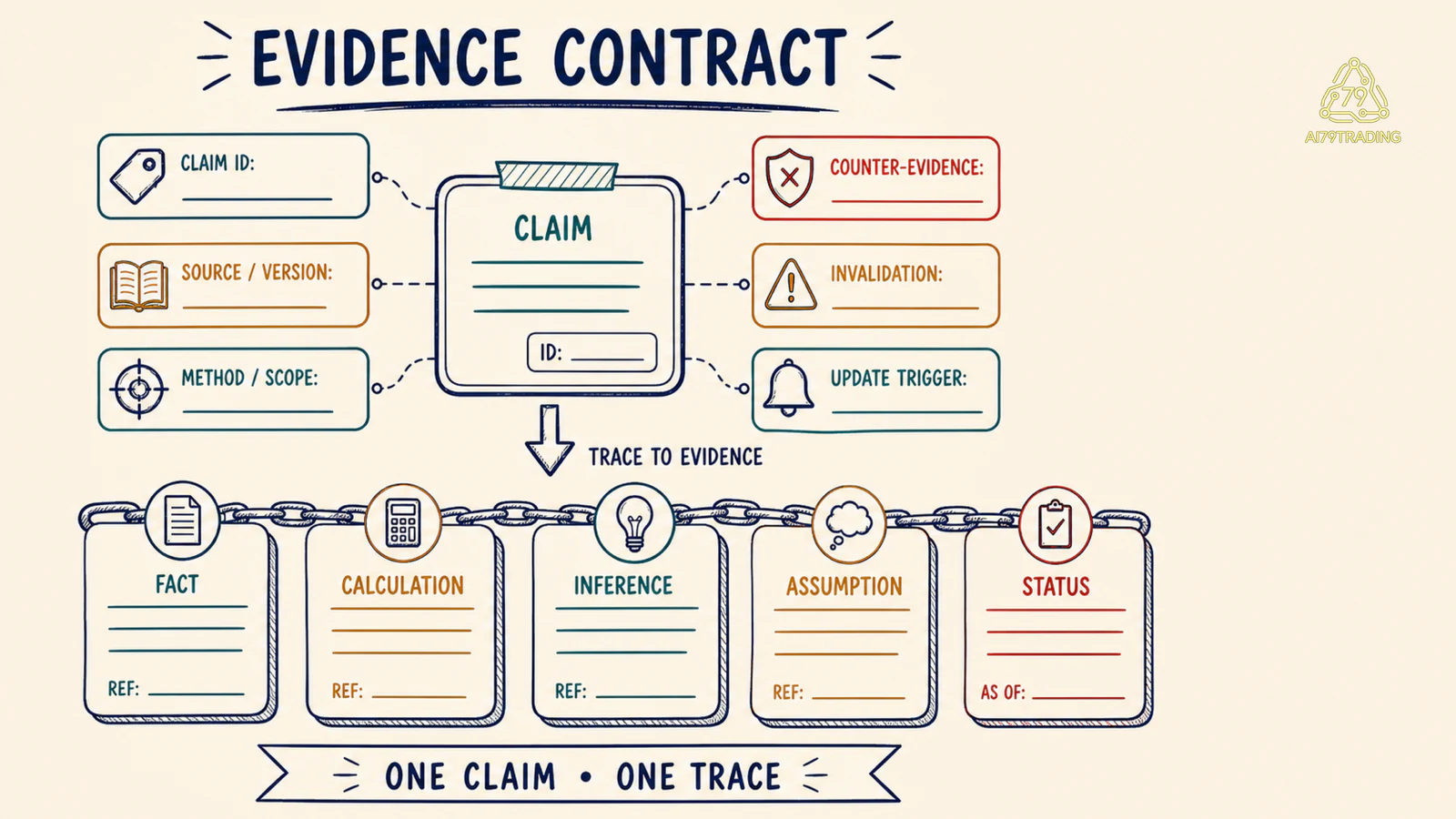 Sơ đồ Evidence Contract nối claim fact calculation inference assumption và status