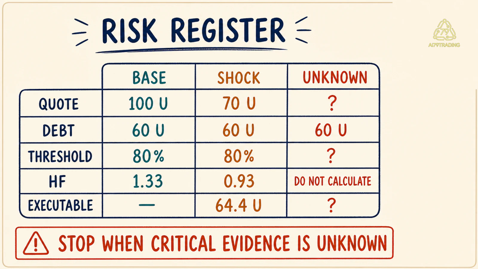 Mẫu Risk Register so sánh Base, Shock và Unknown với quy tắc dừng khi thiếu bằng chứng