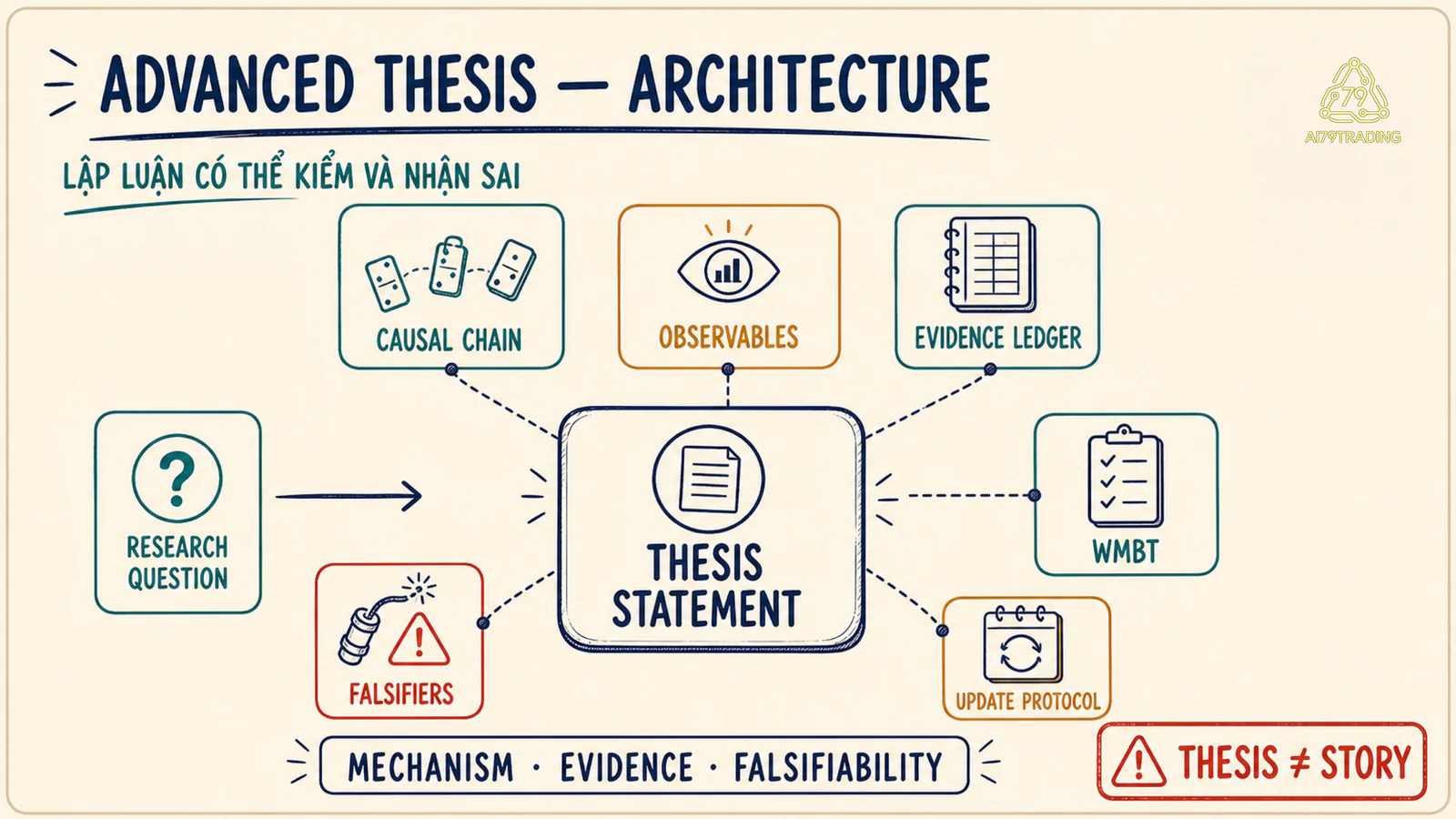 Kiến trúc Advanced Thesis Building nối research question với causal chain, observables, evidence ledger, WMBT, falsifiers và update protocol