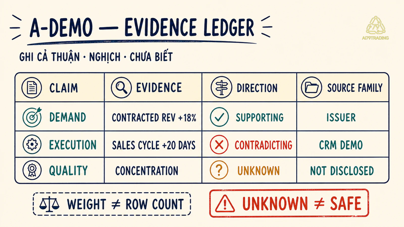 Evidence ledger A-demo với supporting, contradicting và unknown cùng source family và implication