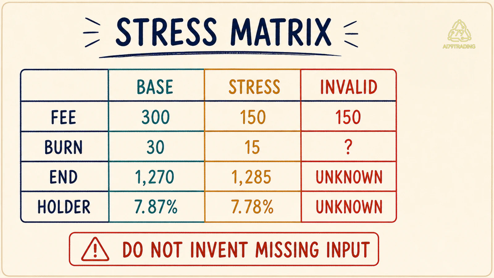 Ma trận Base, Stress và Invalid với fee, burn, end circulating và holder share