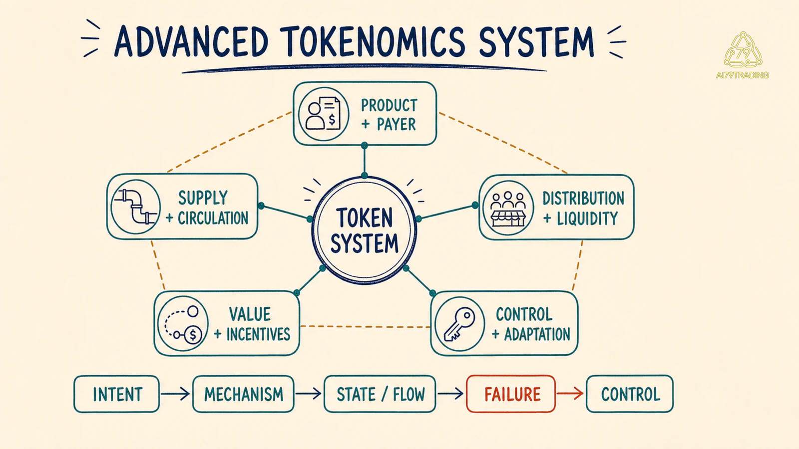 Bản đồ hệ thống advanced tokenomics nối product, supply, distribution, value routing và quyền kiểm soát