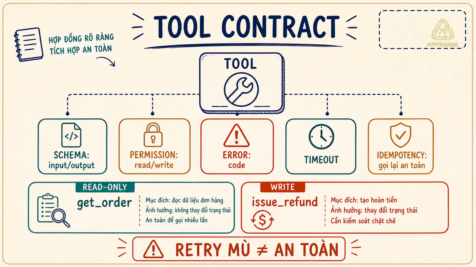 Tool contract với schema permission timeout retry và idempotency