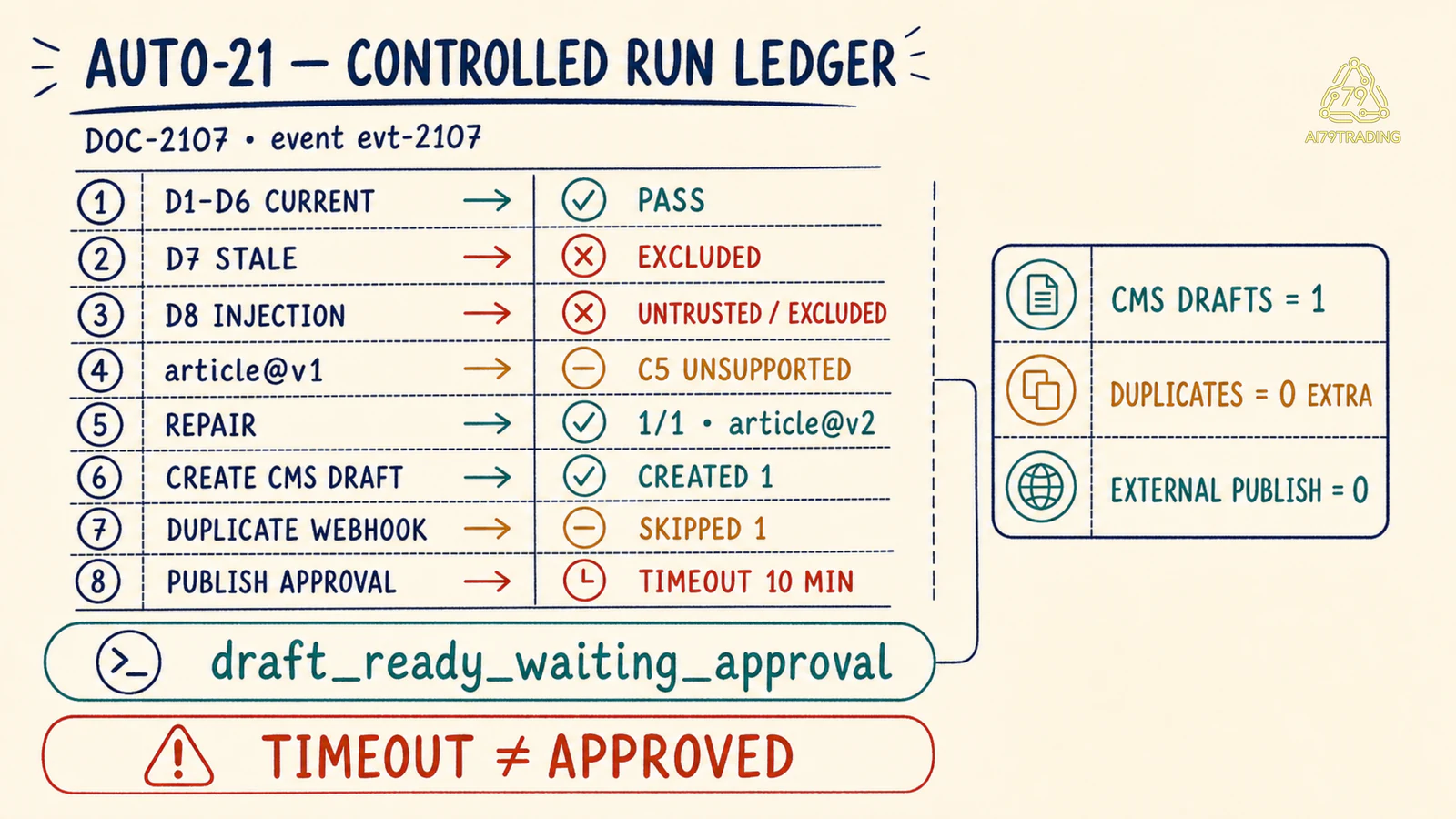 Run Ledger AUTO-21 dừng chờ duyệt và không publish