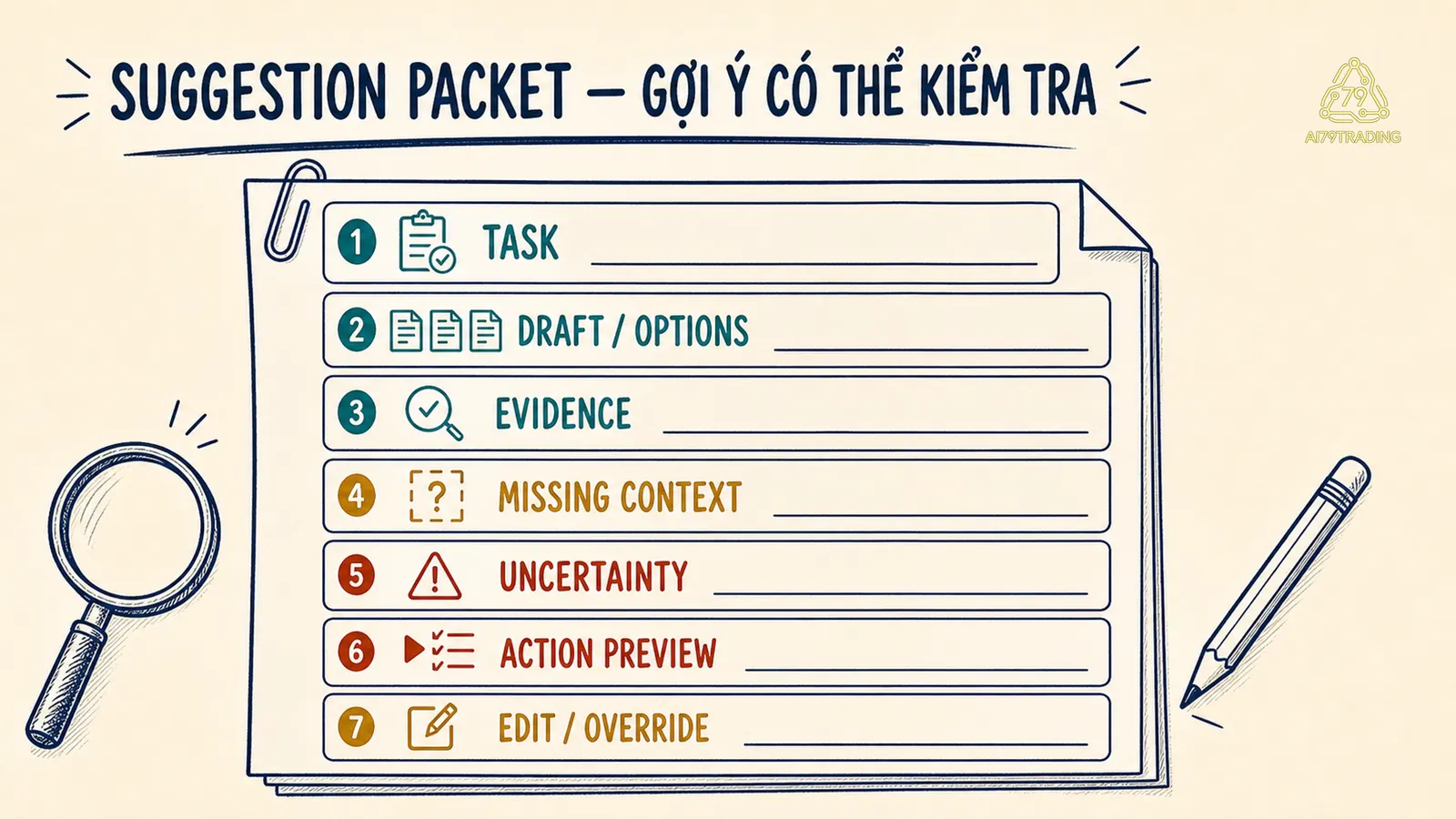 Suggestion Packet có draft evidence missing context uncertainty và controls