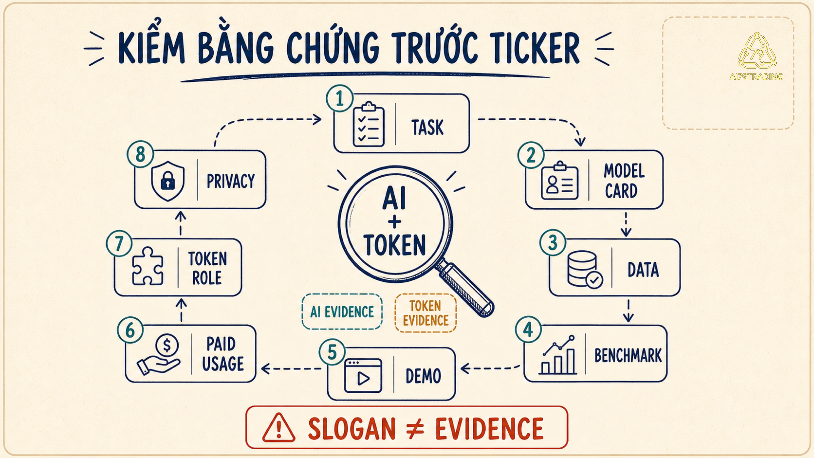 Checklist AI Crypto kiểm task, model, data, benchmark, evaluation, usage và token role