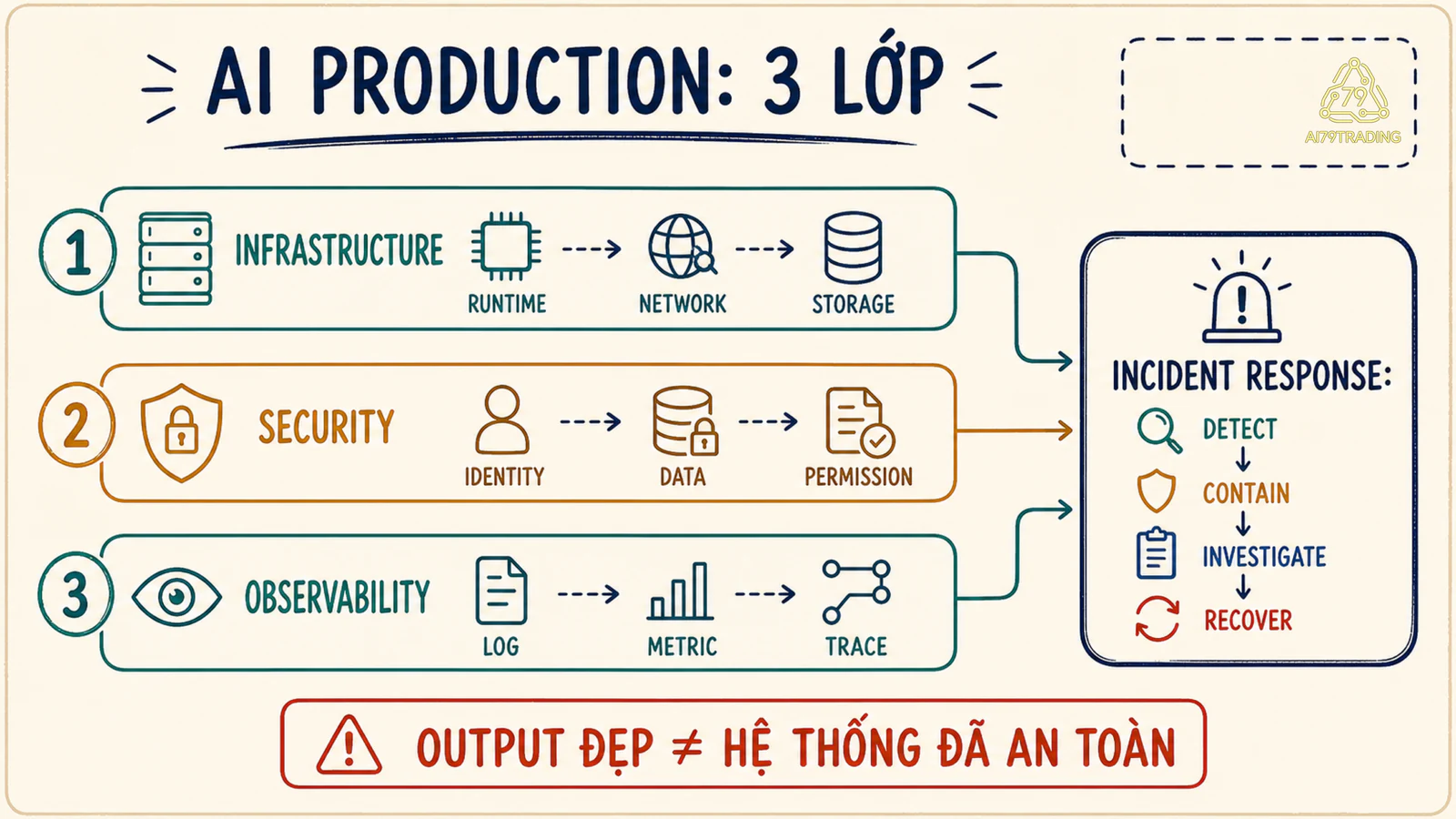 Bản đồ ba lớp AI infrastructure security và observability nối runtime với telemetry và ứng phó sự cố