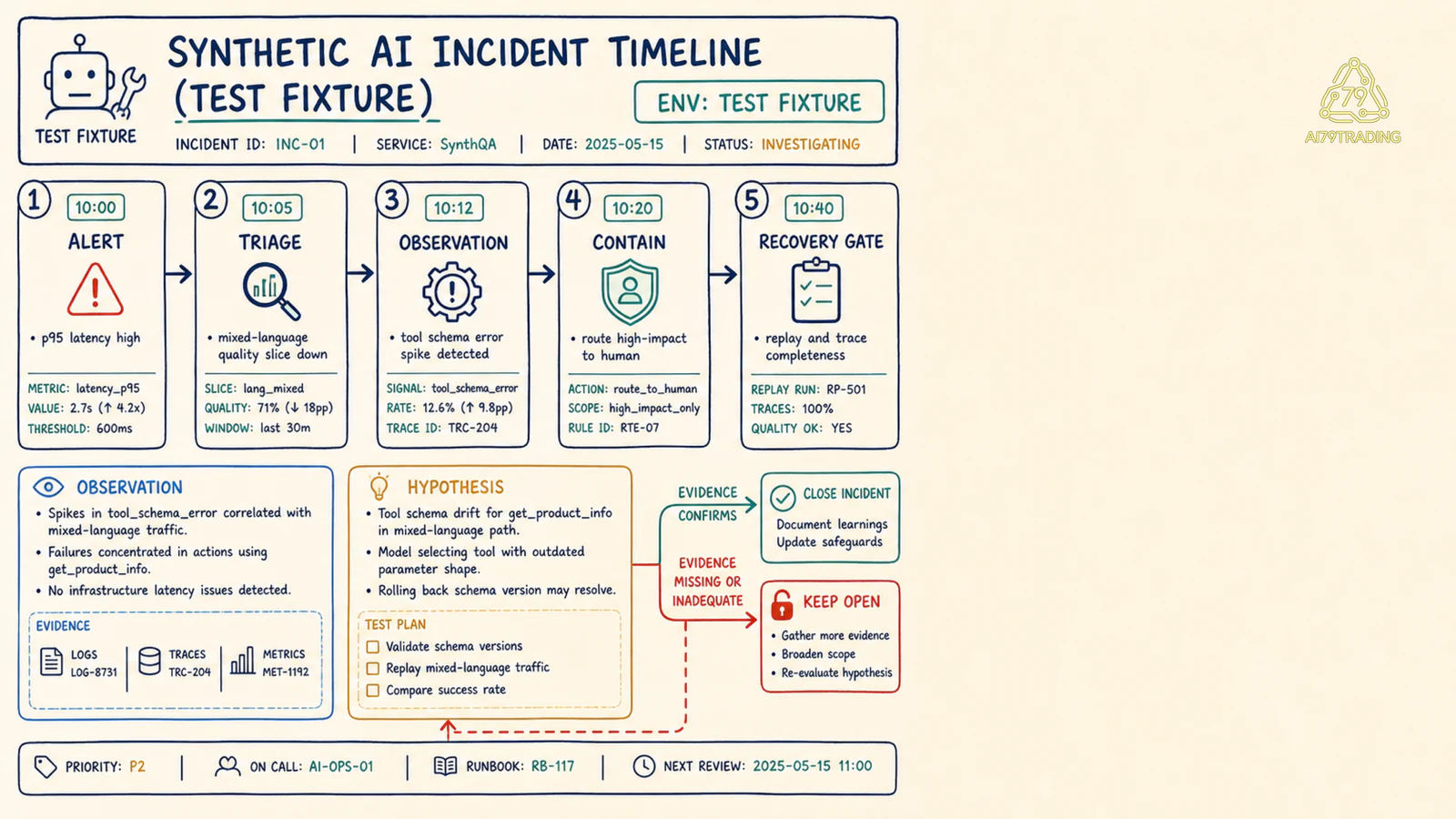 Incident timeline từ alert đến hypothesis, containment và recovery gate