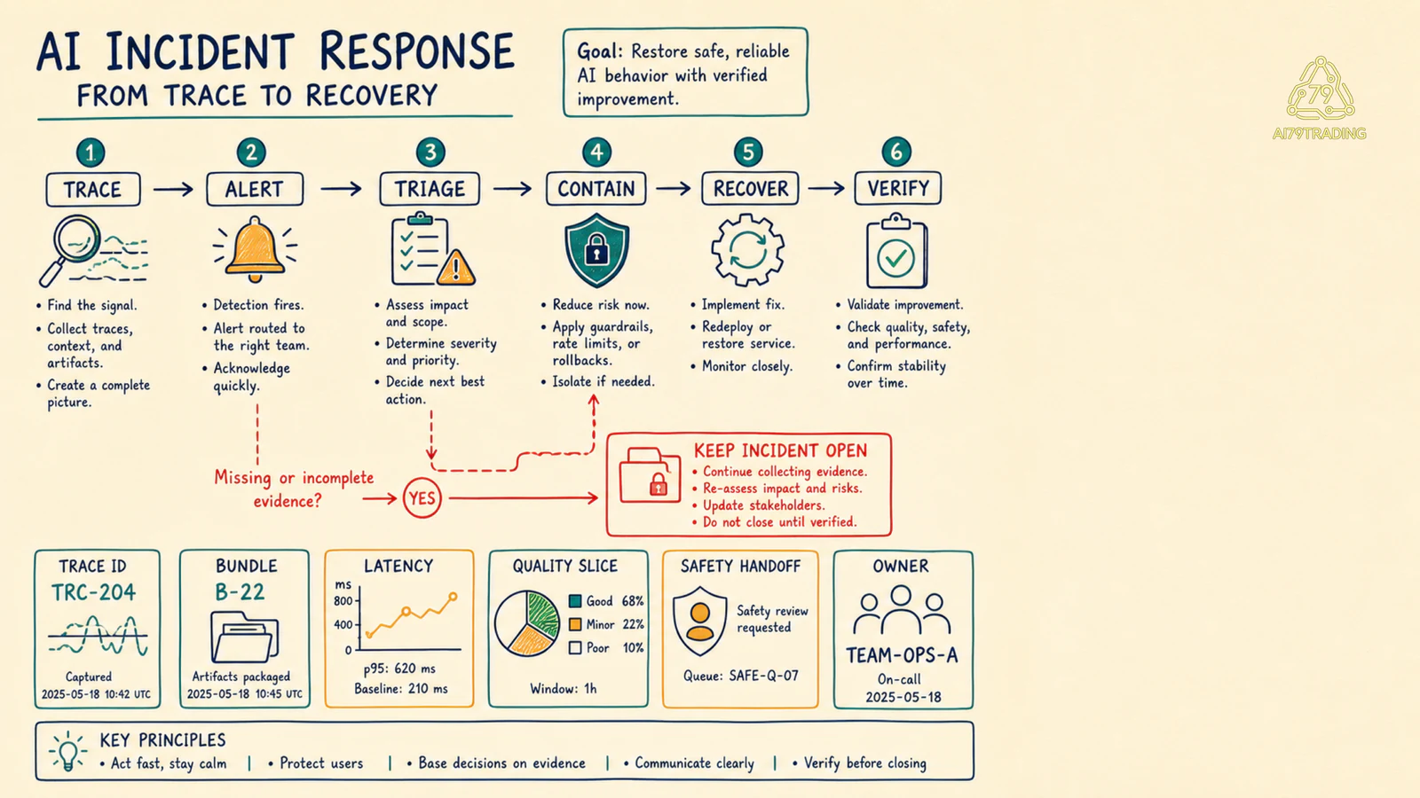 Trace của AI workflow đi từ alert qua triage containment recovery và verification