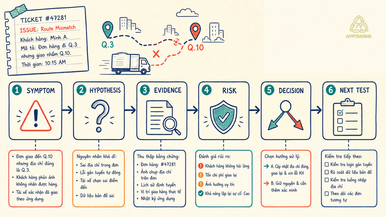 Chuỗi symptom hypothesis evidence risk decision và next test cho một AI diagnostic review
