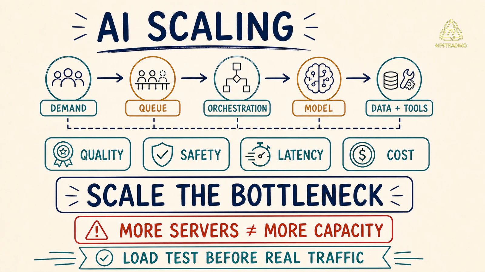 Luồng AI scaling từ demand qua queue đến model và data tools