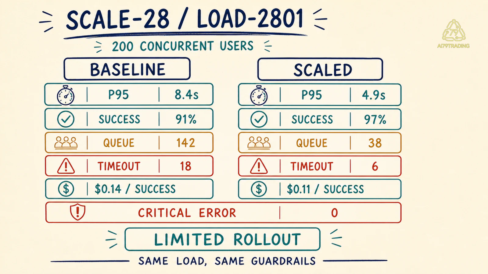 Bảng load test SCALE-28 so sánh baseline và scaled