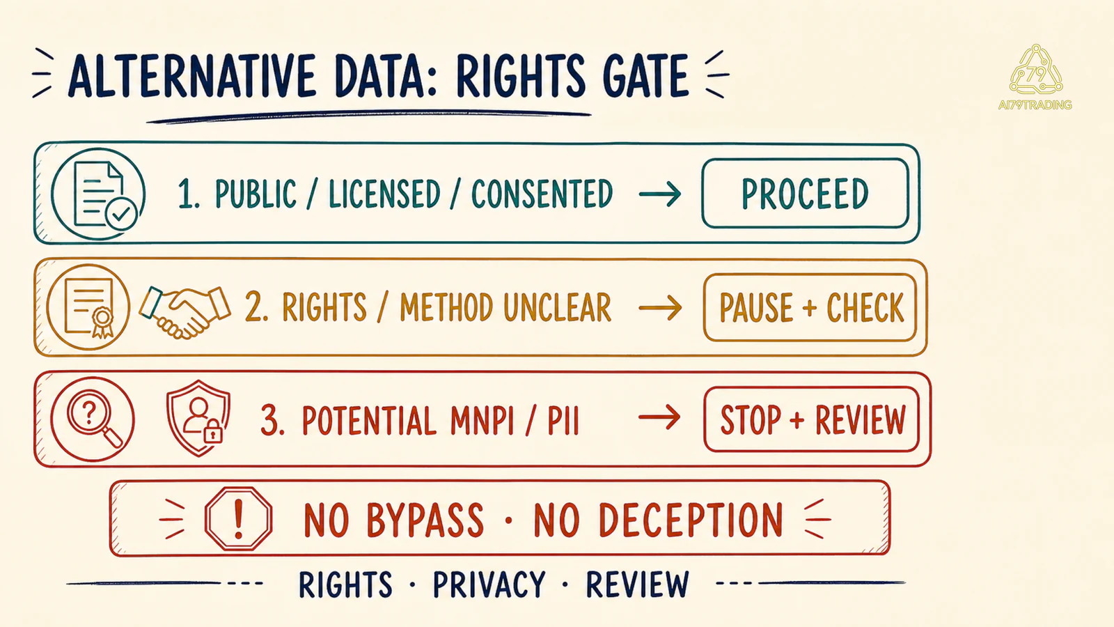 Cổng quyền Alternative Data gồm public licensed consented proceed, rights method unclear pause và potential MNPI PII stop review