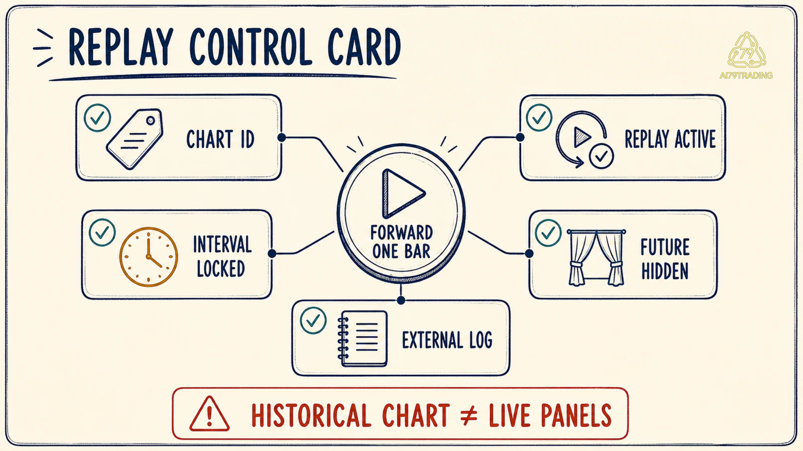 Replay Control Card kiểm chart ID, trạng thái replay, interval, tương lai bị che và log bên ngoài