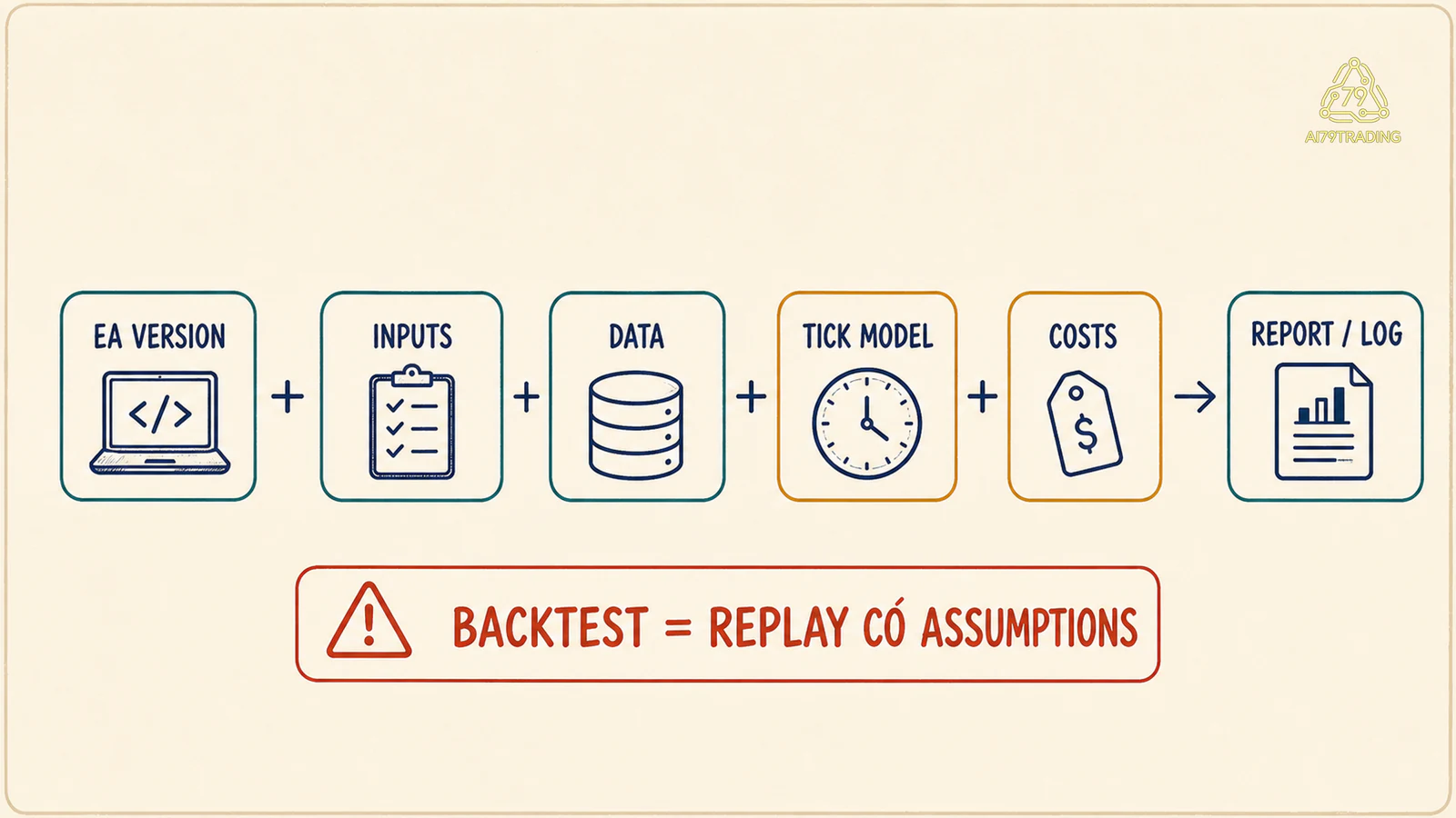 Test passport nối EA version, inputs, data, tick model và costs tới report cùng log