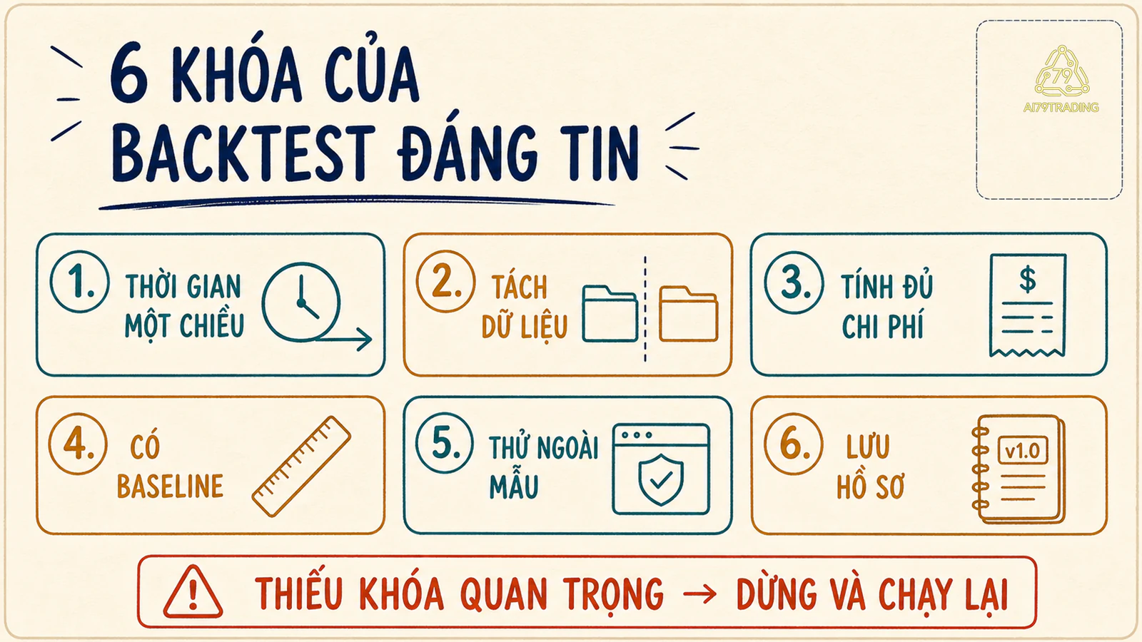 Sáu ô khóa kiểm tra backtest gồm thời gian, tách dữ liệu, chi phí, baseline, ngoài mẫu và hồ sơ