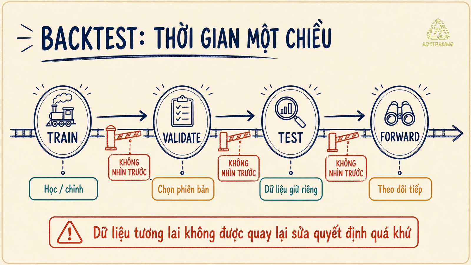 Dòng thời gian backtest Train, Validate, Test và Forward chỉ đi từ quá khứ sang tương lai