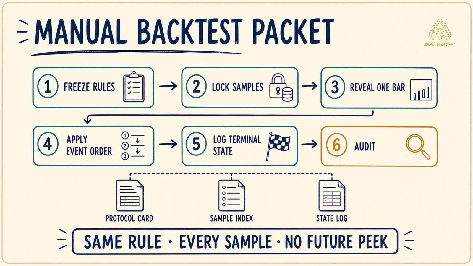 Manual Backtest Packet gồm sáu bước từ khóa rule và mẫu đến ghi trạng thái rồi đối chiếu
