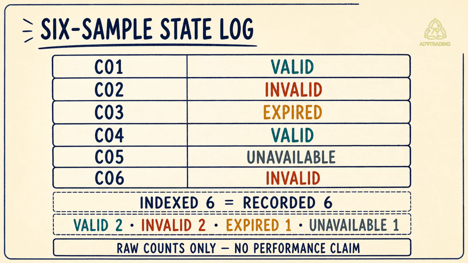 Raw State Log gồm sáu mẫu với hai valid, hai invalid, một expired và một unavailable