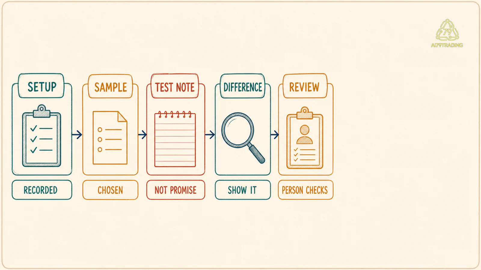 Năm phần Run Record R-02 từ Test Setup qua Sample Result Note Difference tới Review Gate