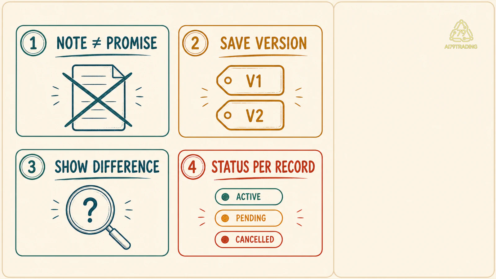 Bốn lỗi note không phải lời hứa lưu version nêu Difference và status riêng cho từng Run Record