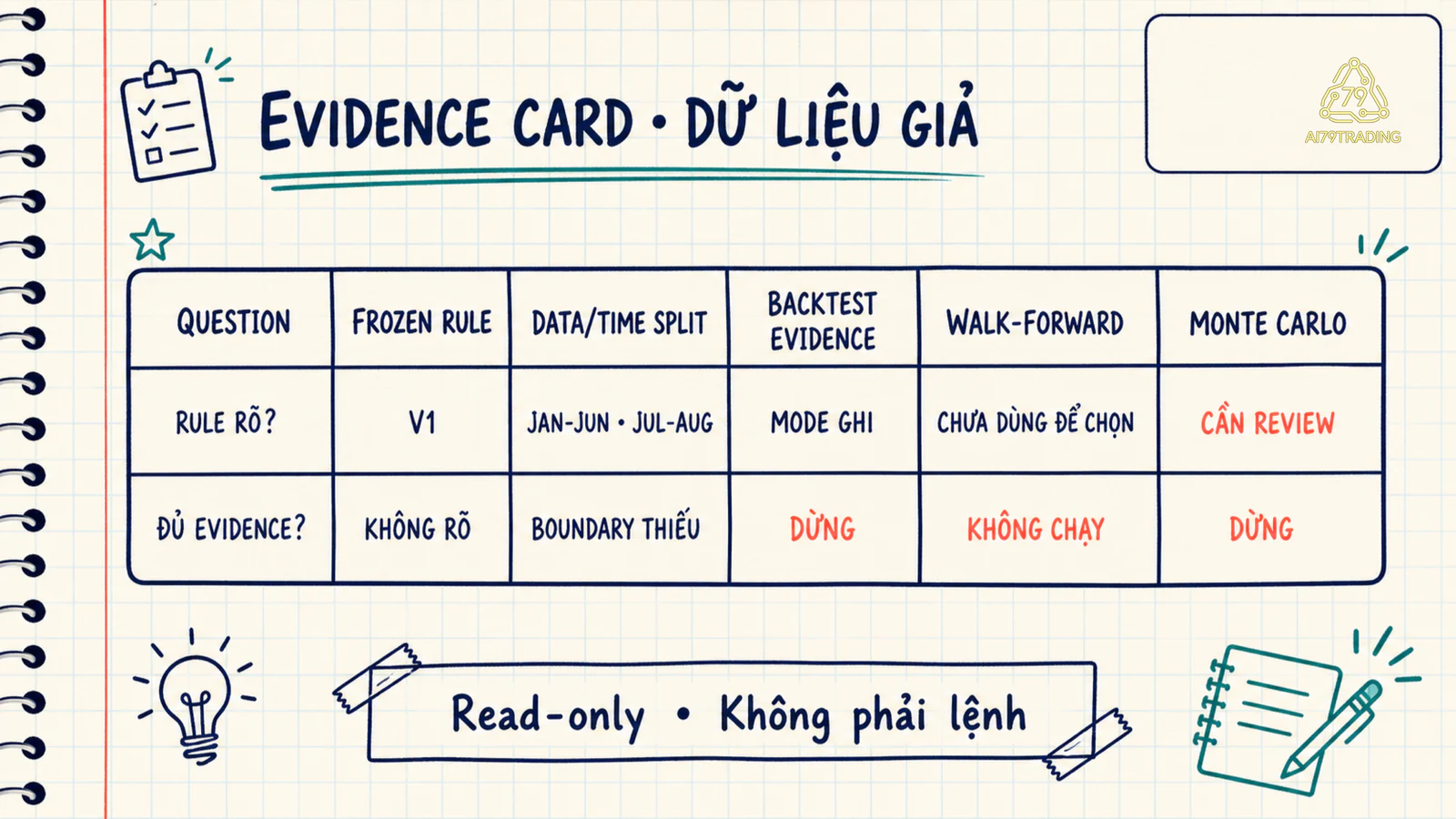Worksheet Evidence Card sáu cột với dữ liệu giả, read-only, các trạng thái cần review và dừng