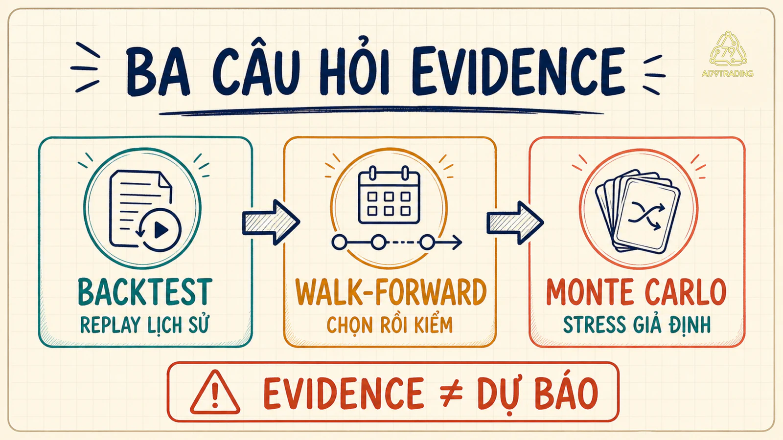 Ba thẻ Backtest, Walk-forward và Monte Carlo dẫn tới một report có giới hạn và lý do quyết định