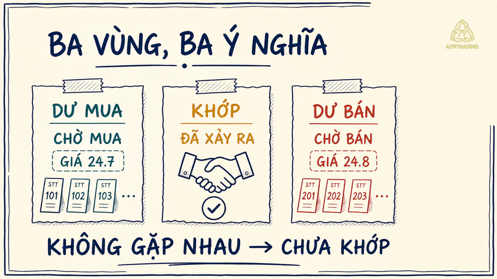 Ba vùng dư mua, giá khớp và dư bán trong bảng giá giả định.