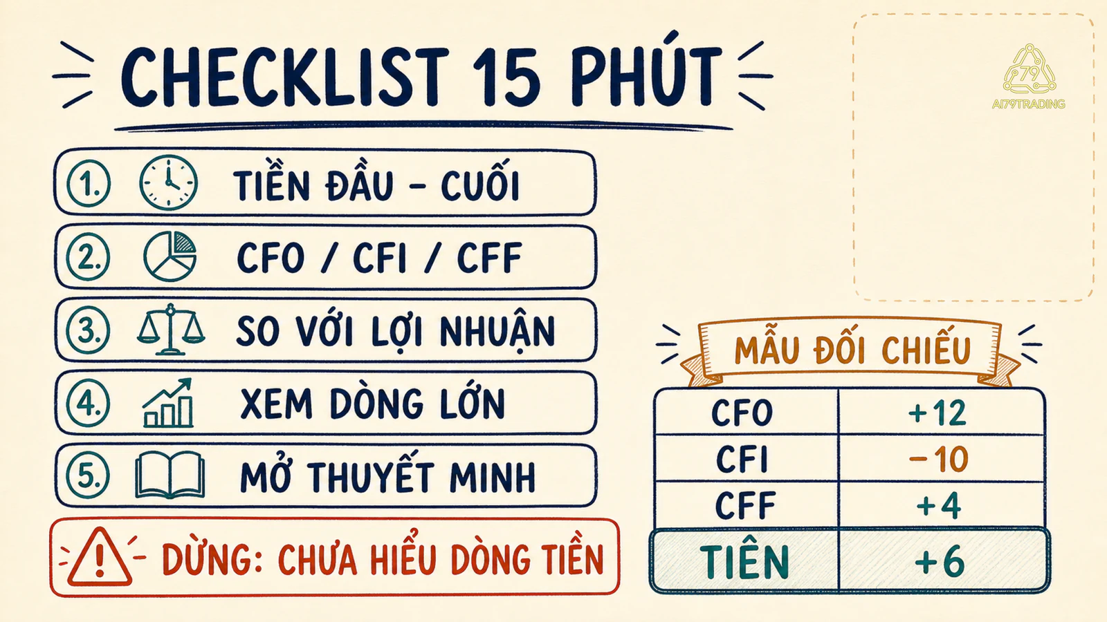 Checklist năm bước đọc BCLCTT cùng bảng mẫu đối chiếu có số