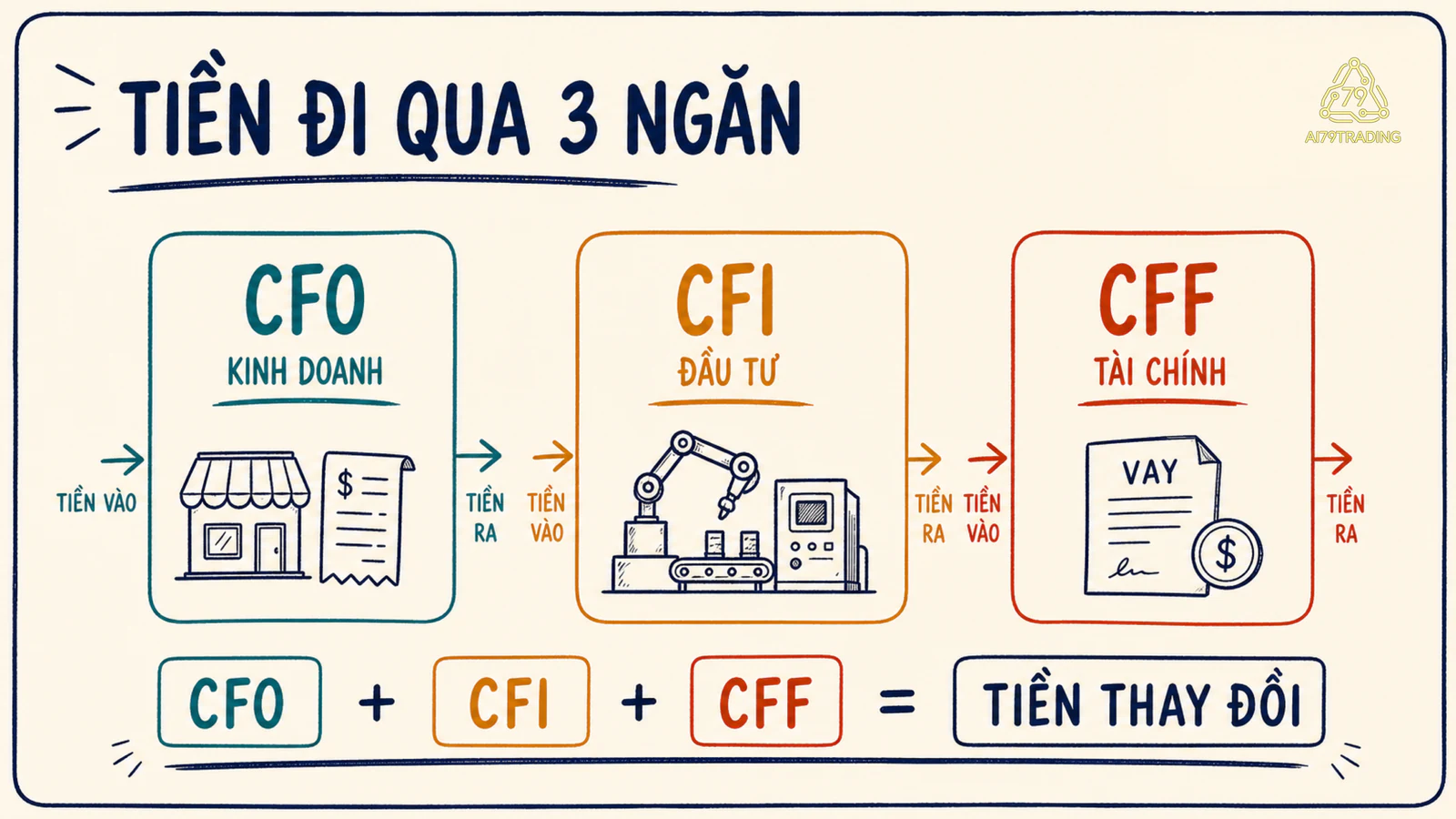Bản đồ ba nhóm dòng tiền CFO, CFI và CFF của doanh nghiệp