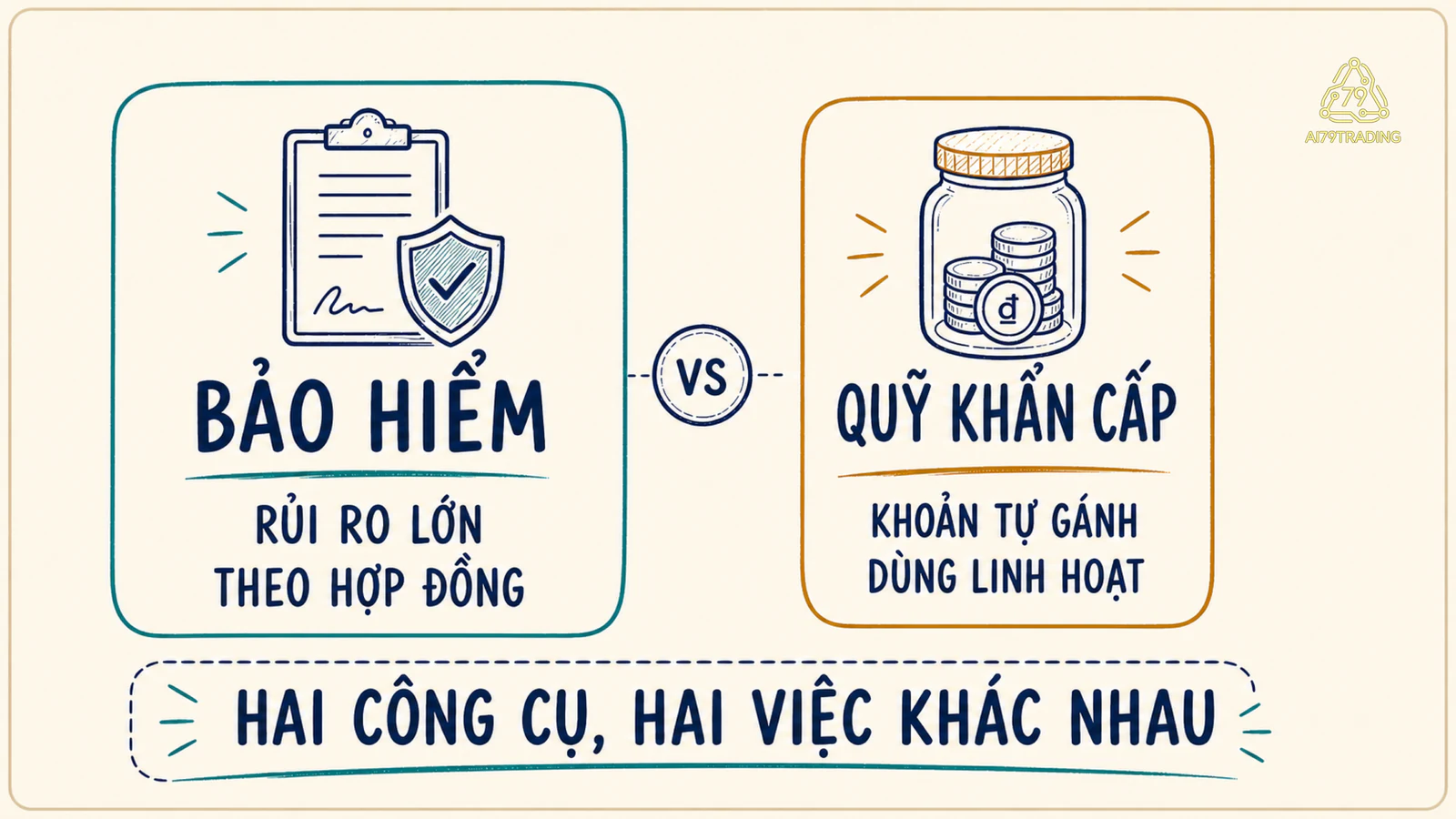 So sánh bảo hiểm cho rủi ro lớn theo hợp đồng với quỹ khẩn cấp dùng linh hoạt cho chi phí bất ngờ.