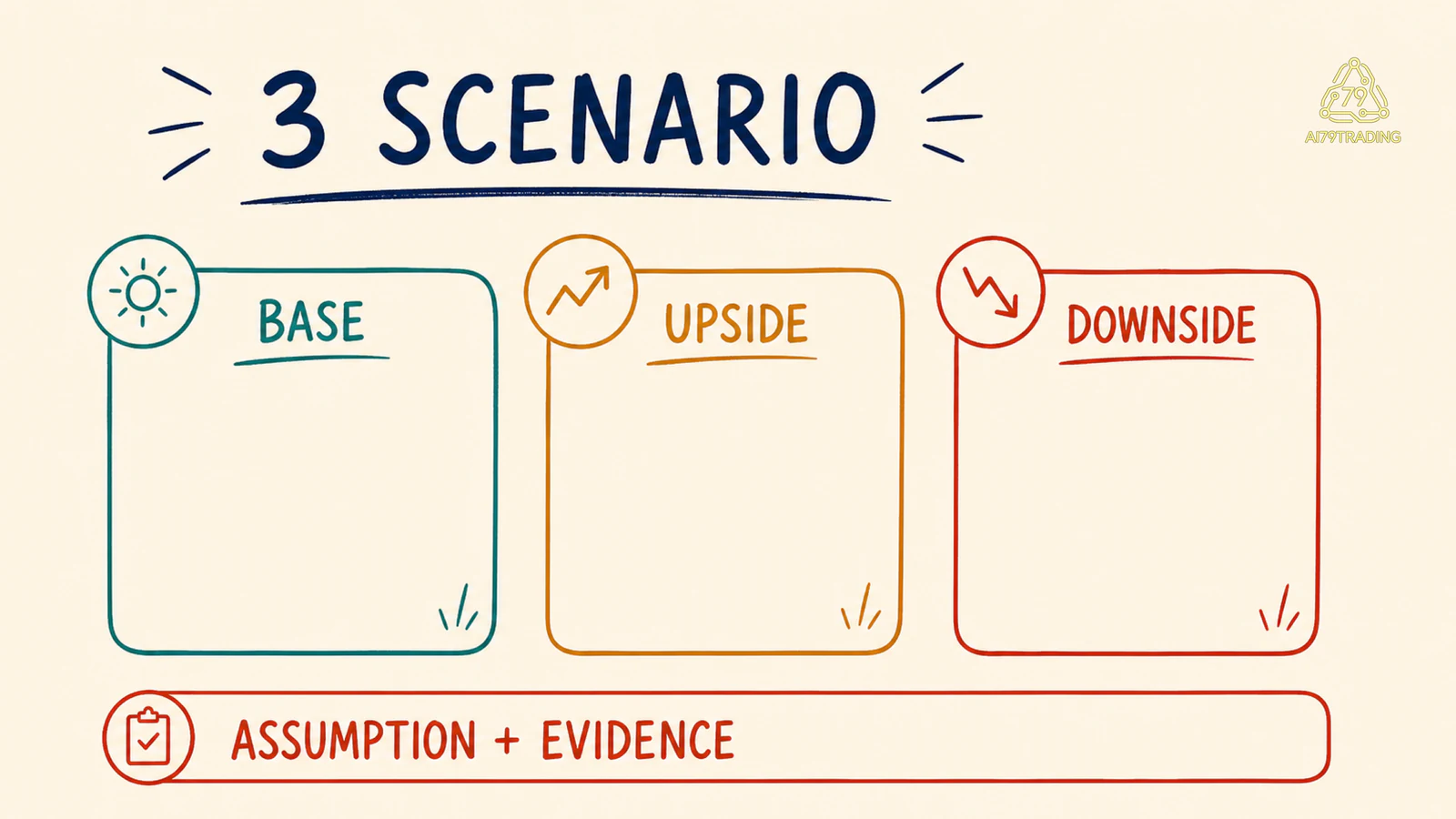 Ba card Base, Upside và Downside với assumption, evidence và điều làm yếu từng scenario