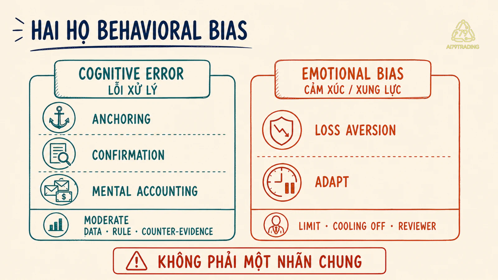 Hai họ behavioral bias cognitive error và emotional bias với bốn ví dụ