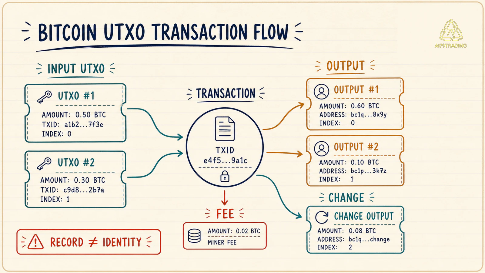 Luồng Bitcoin từ input UTXO qua transaction đến output mới và phần còn lại