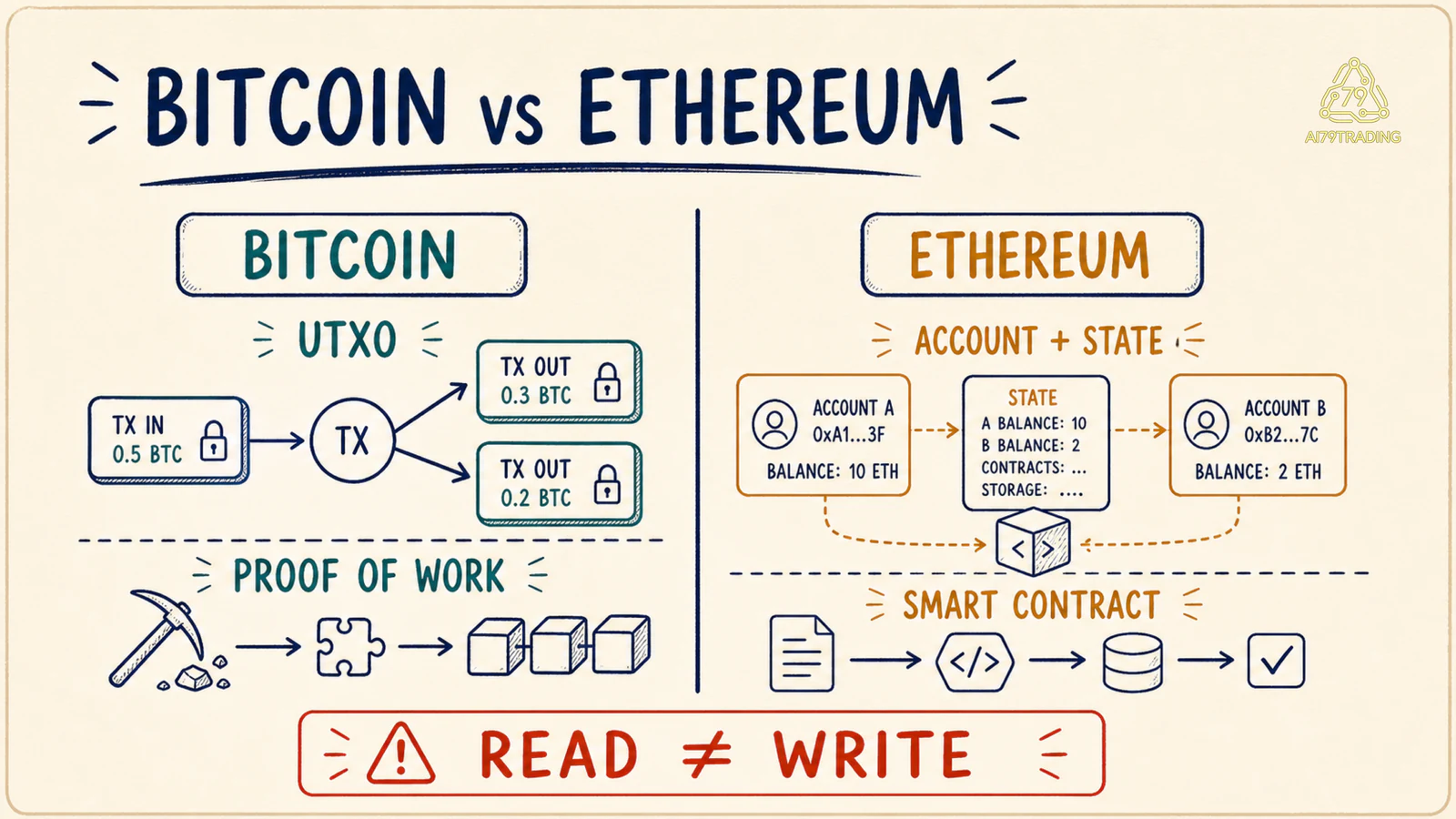 Sơ đồ hai cột so sánh Bitcoin UTXO và Proof of Work với Ethereum account state và smart contract