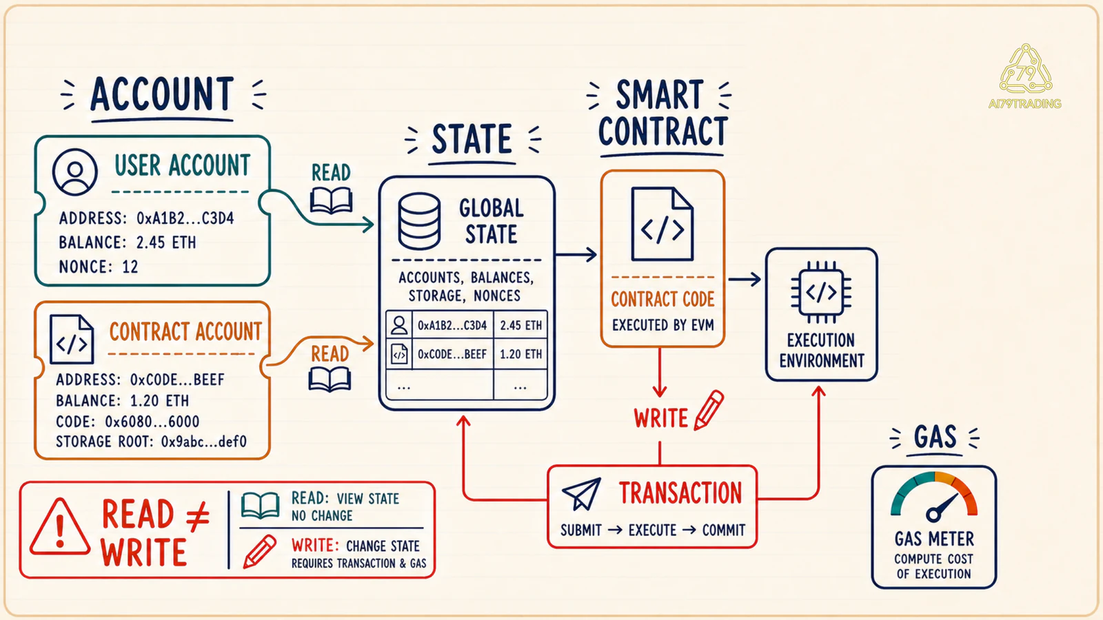 Sơ đồ Ethereum từ account và state đến smart contract, EVM và gas
