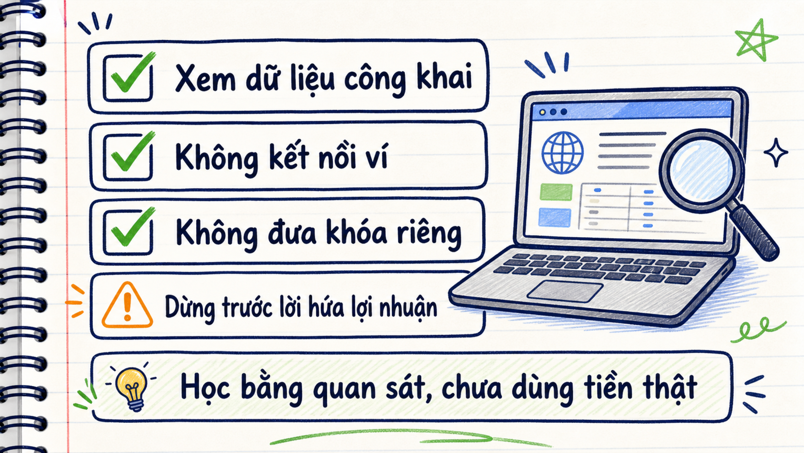 Checklist quan sát Bitcoin an toàn: không kết nối ví, kiểm tra dữ liệu công khai và dừng trước lời hứa lợi nhuận