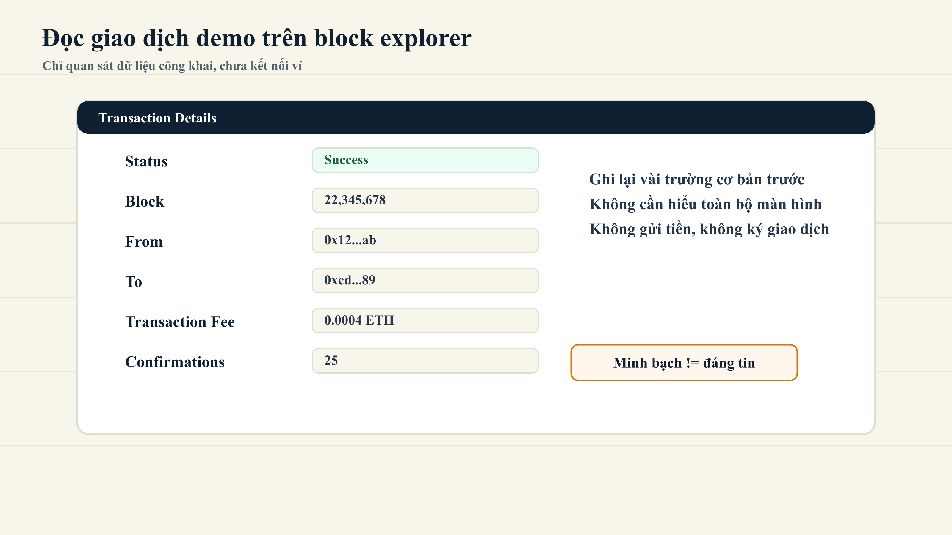 Các trường cơ bản cần xem trên block explorer khi đọc giao dịch demo