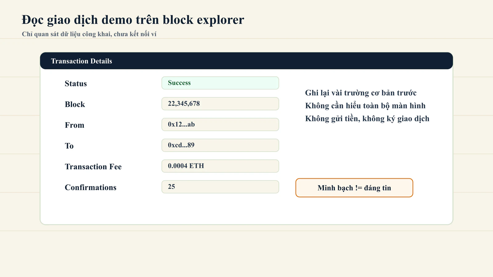 Các trường cơ bản cần xem trên block explorer khi đọc giao dịch demo