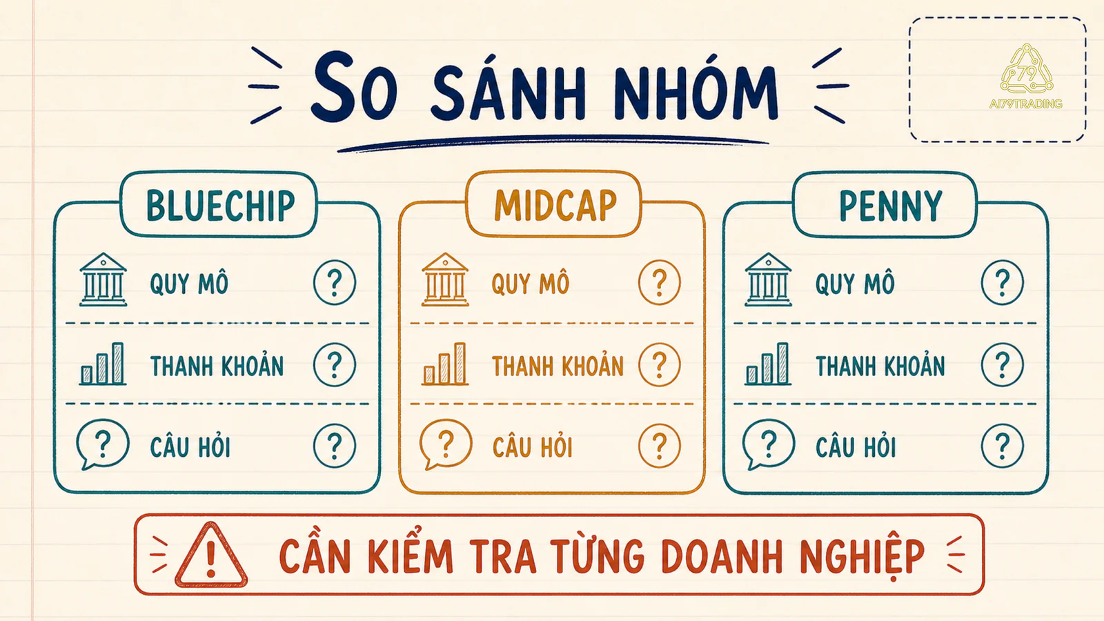 Bảng so sánh giả định bluechip midcap penny theo vốn hóa và câu hỏi cần kiểm tra