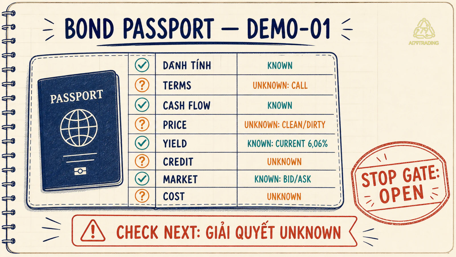 Bond Passport DEMO-01 với các ô Known, Unknown và Stop gate