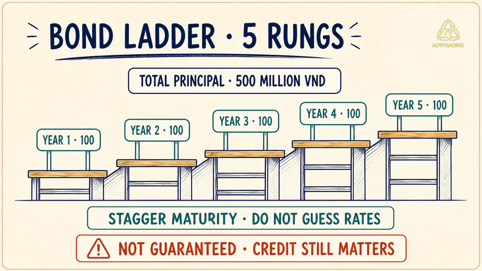 Sơ đồ bond ladder 500 triệu gồm năm bậc 100 triệu đáo hạn từ năm 1 đến năm 5