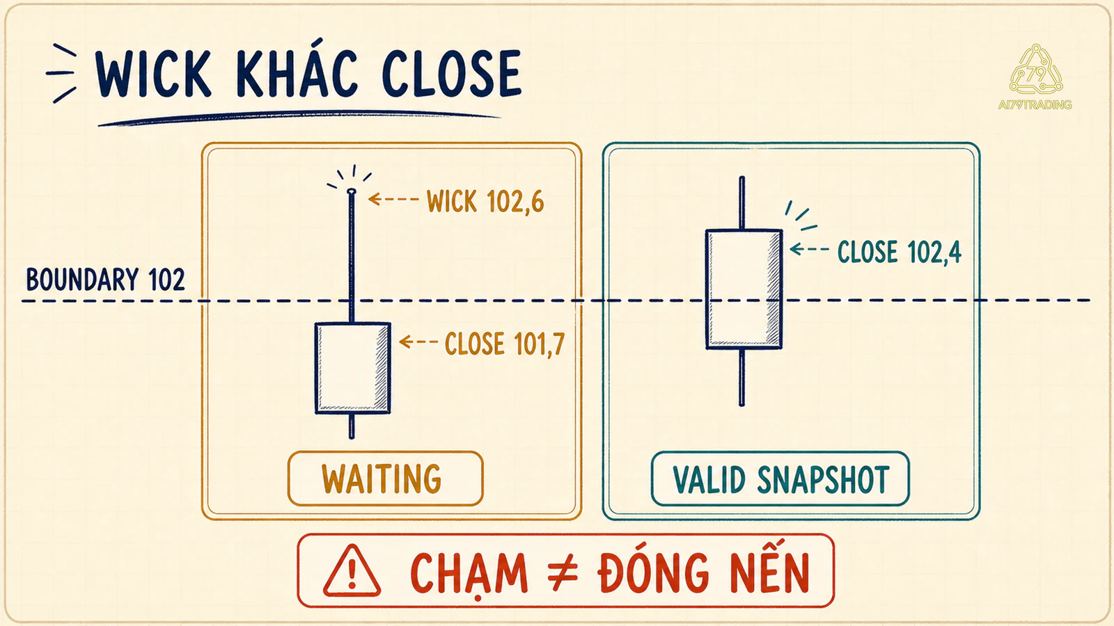 Hai nến demo tại biên 102 cho thấy wick 102,6 đóng 101,7 khác với nến đóng 102,4 ngoài biên