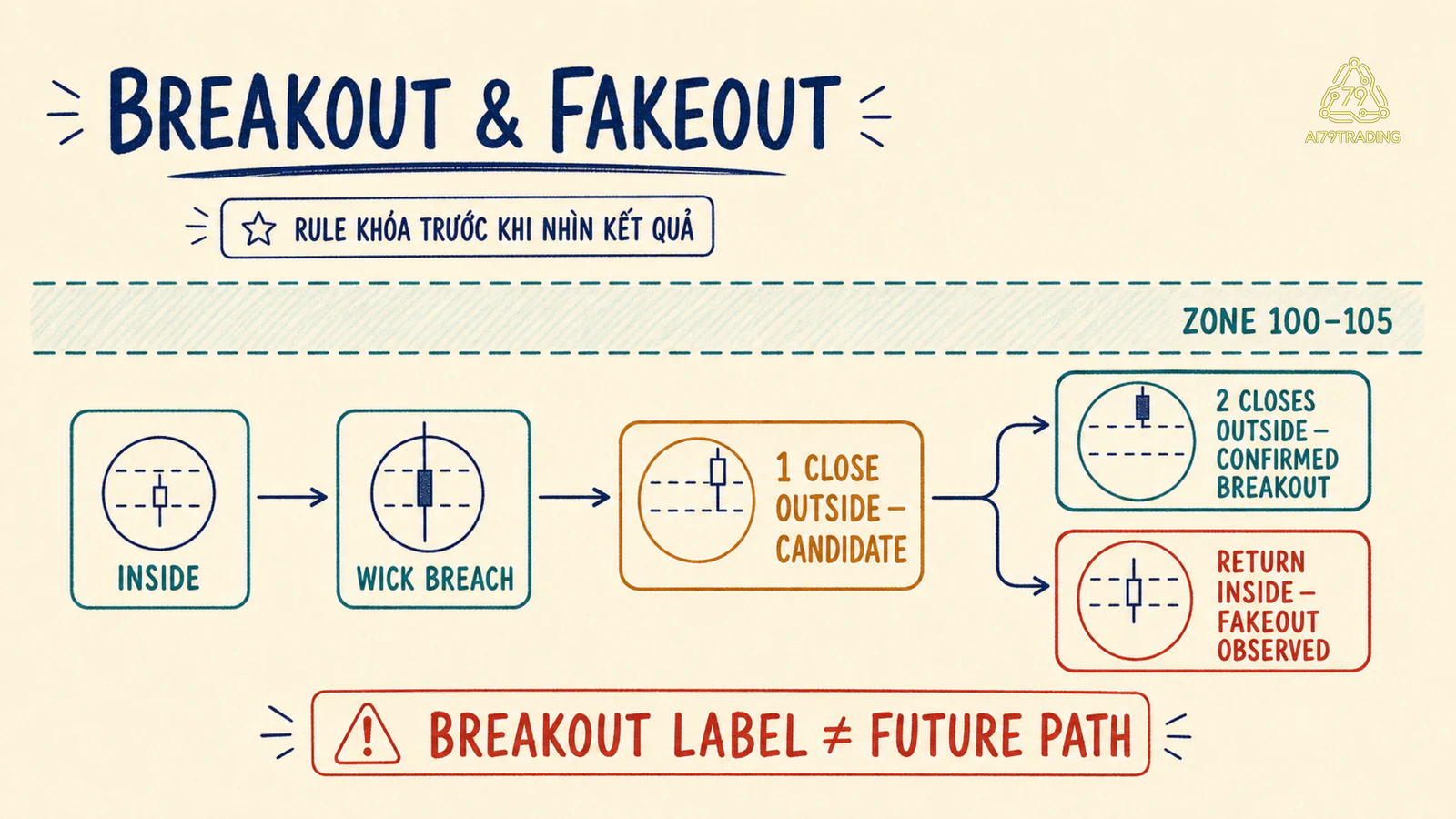 Sơ đồ trạng thái breakout và fakeout quanh vùng 100 đến 105 theo quy tắc hai giá đóng