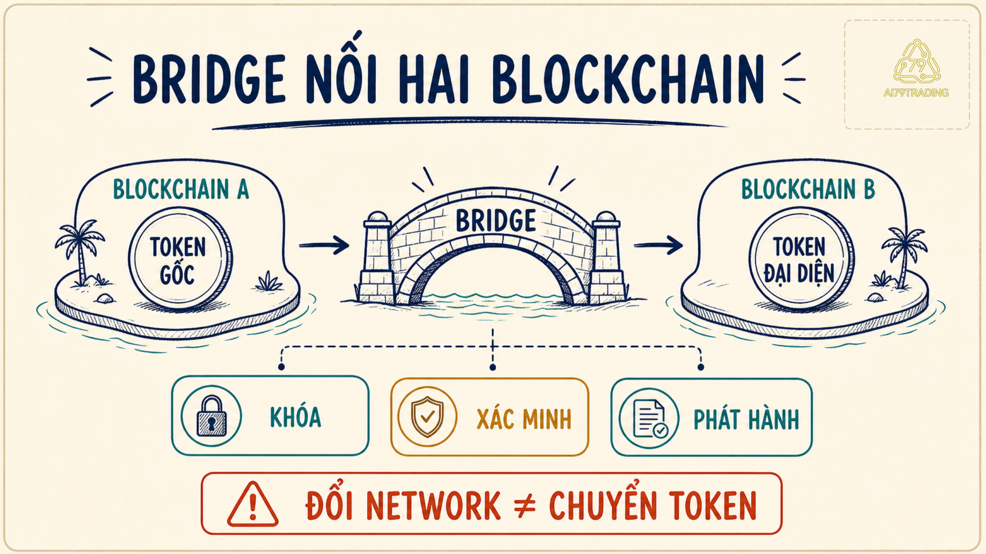 Sơ đồ bridge nối blockchain A và blockchain B qua bước khóa, xác minh và phát hành